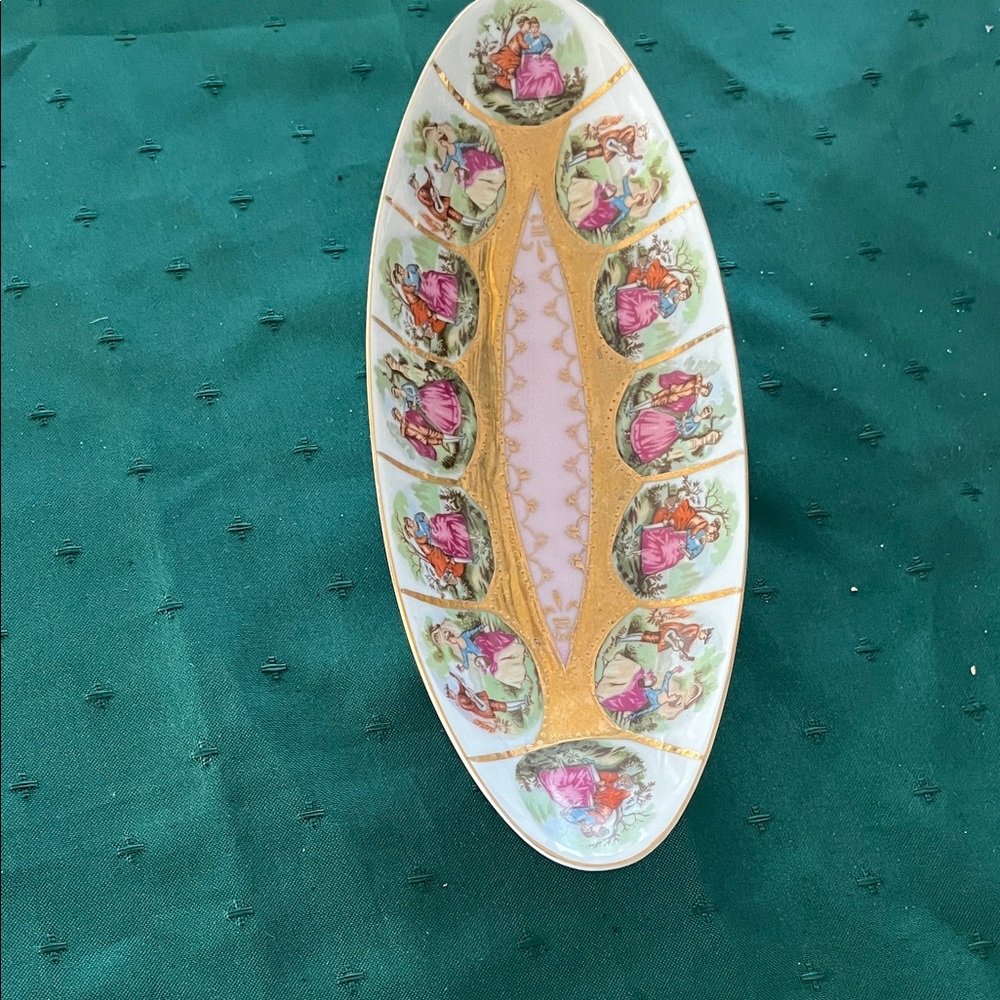 Elegant Vintage Oval Relish Dish with courting couple stamped with Beehive &1102